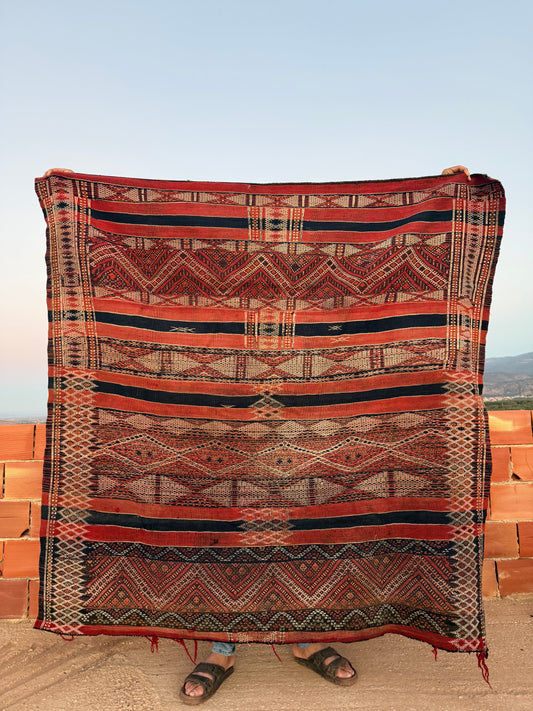 Vintage Hanbel Rug | Red with Charcoal & Ivory Geometric Motifs