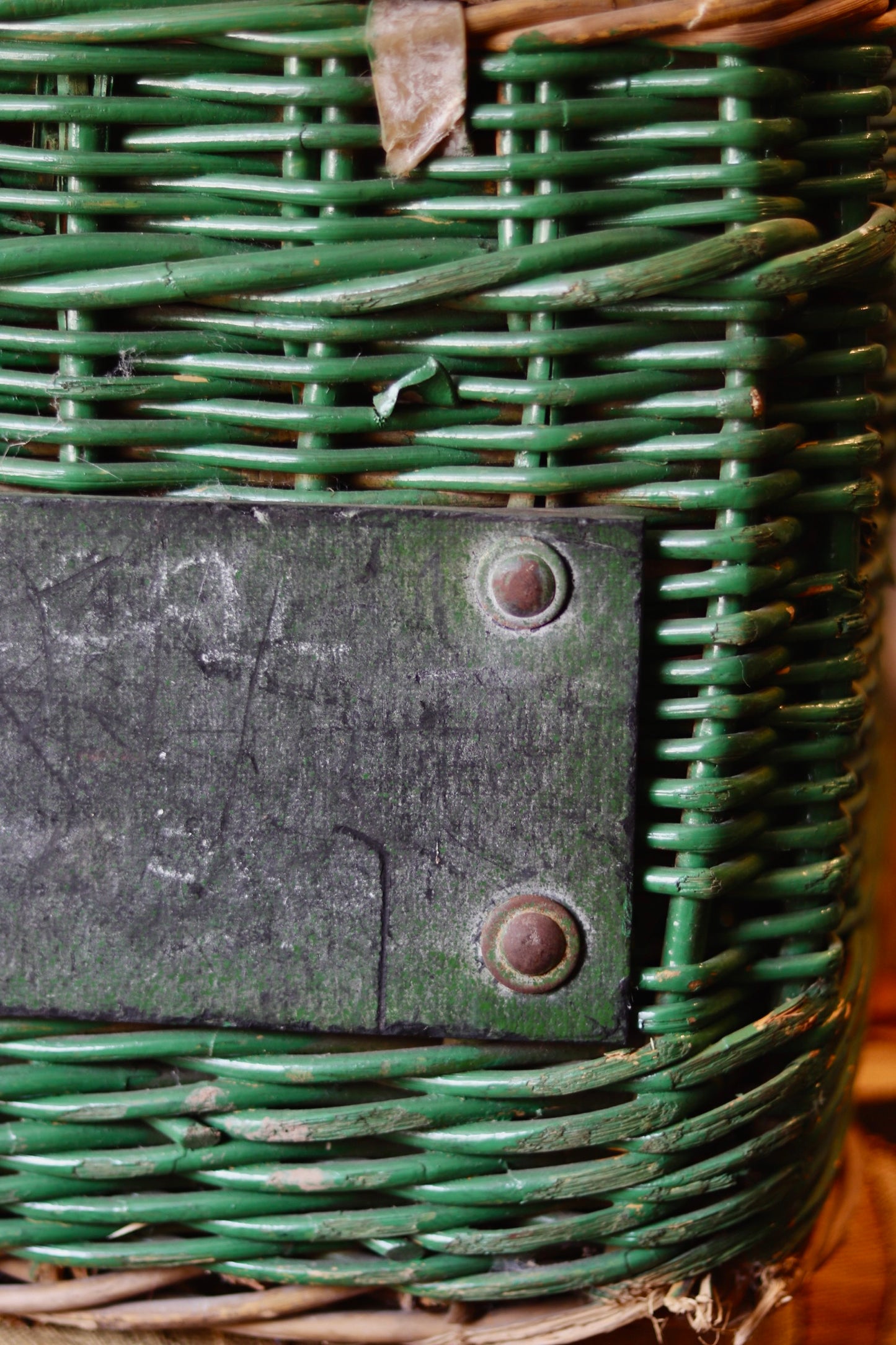 Antique Green Wicker Laundry Basket with Lid & Original Label - c.1920s