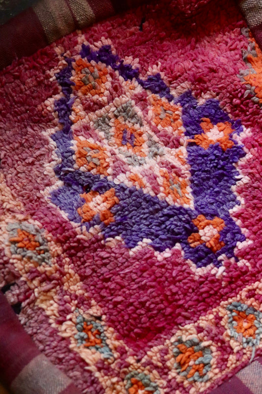 Vintage Moroccan Kilim & Wool Pile Pouffe | Pink, Purple & Orange Medallion