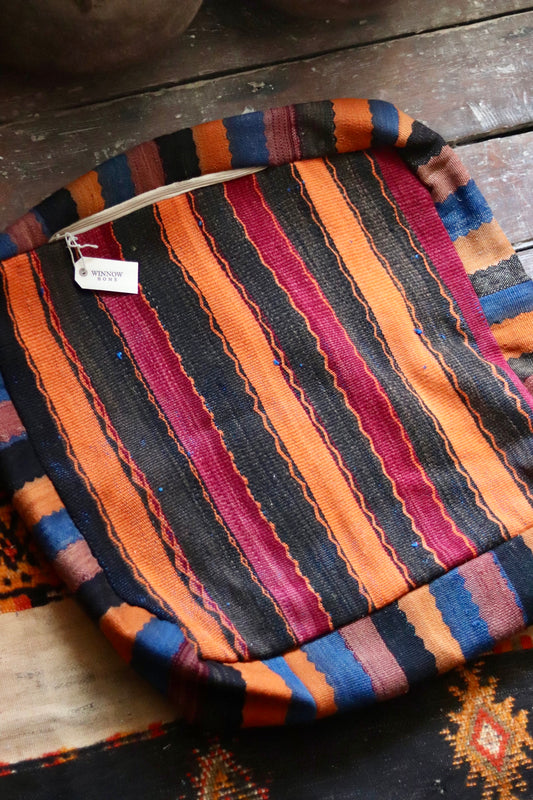 Vintage Moroccan Kilim & Wool Pile Pouffe | Pink, Coral & Orange Tribal