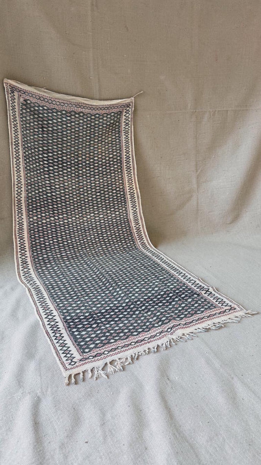 Vintage Moroccan Hanbel rug in charcoal, cream and muted pink, angled full view