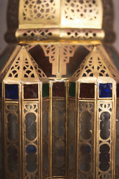 Hand-Pierced Brass & Coloured Glass Lantern | No. 2