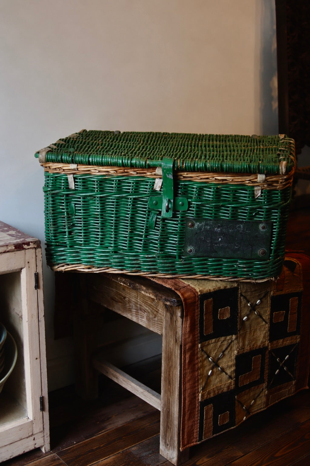 Antique Green Wicker Laundry Basket with Lid & Original Label - c.1920s