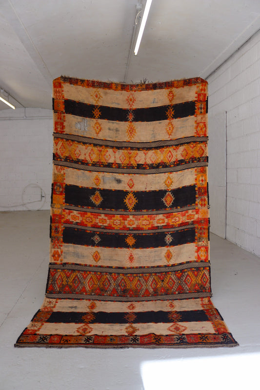 Antique Hanbel Rug | Charcoal & Terracotta with Diamond Motifs
