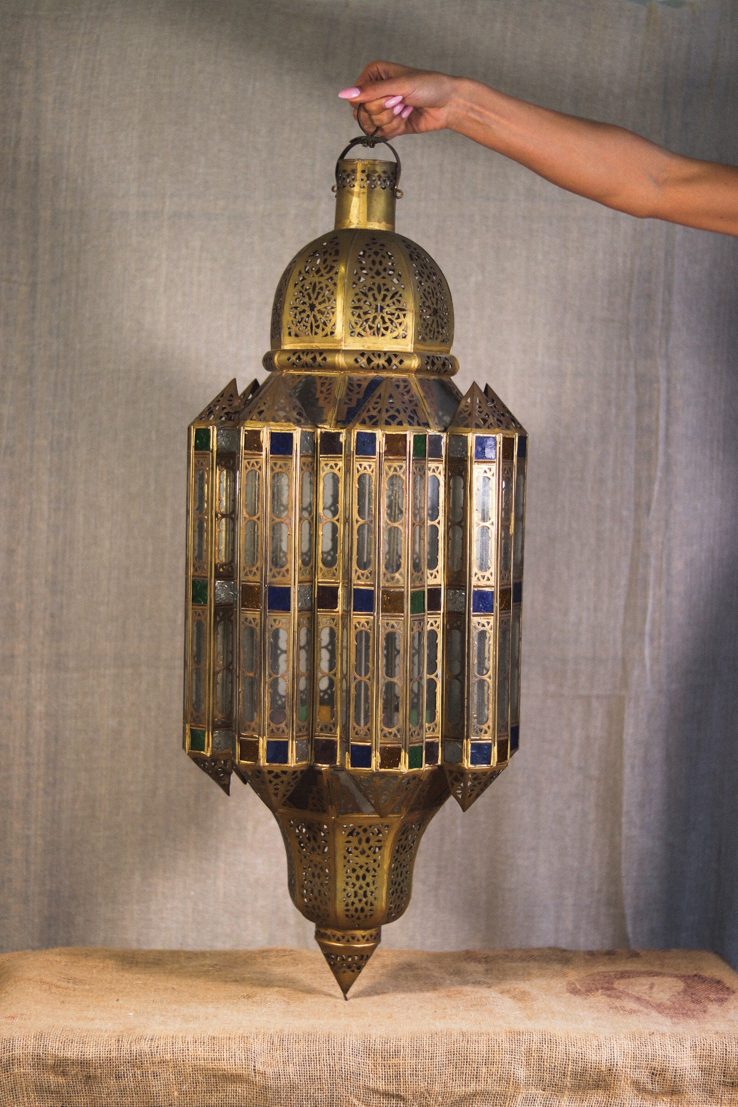 Hand-Pierced Brass & Coloured Glass Lantern | No. 3
