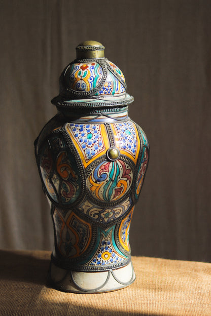 Vintage Moroccan Lidded Vase | Hand-Painted Ceramic & Metal Filigree