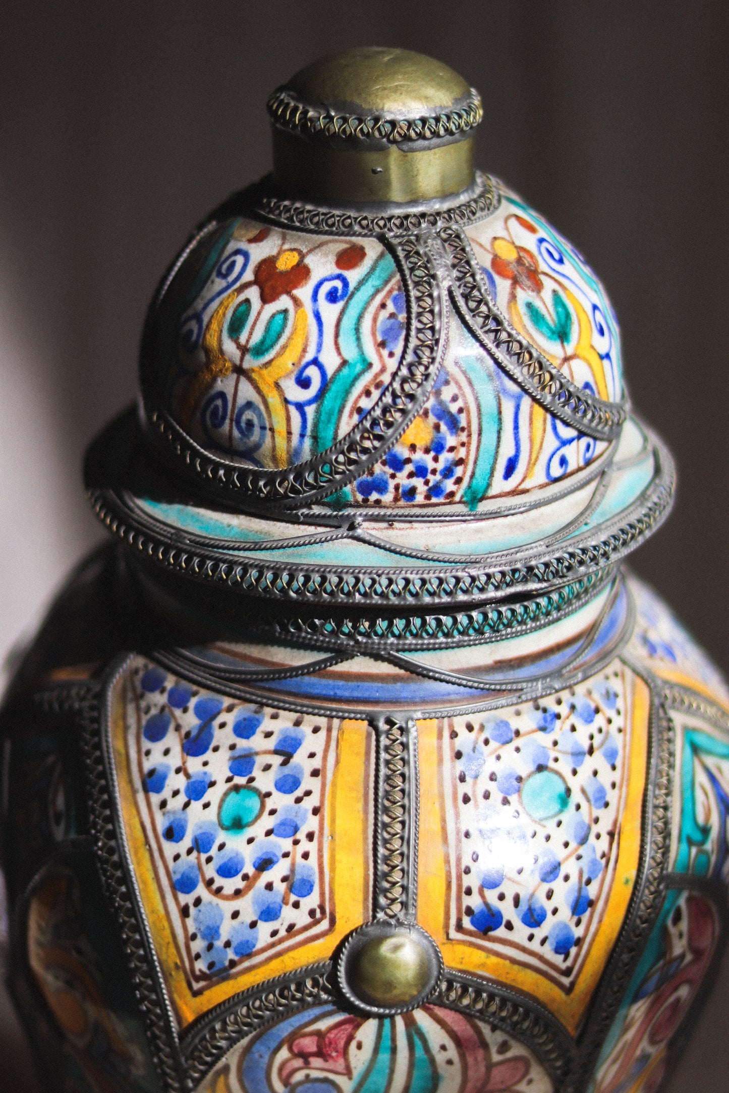 Vintage Moroccan Lidded Vase | Hand-Painted Ceramic & Metal Filigree