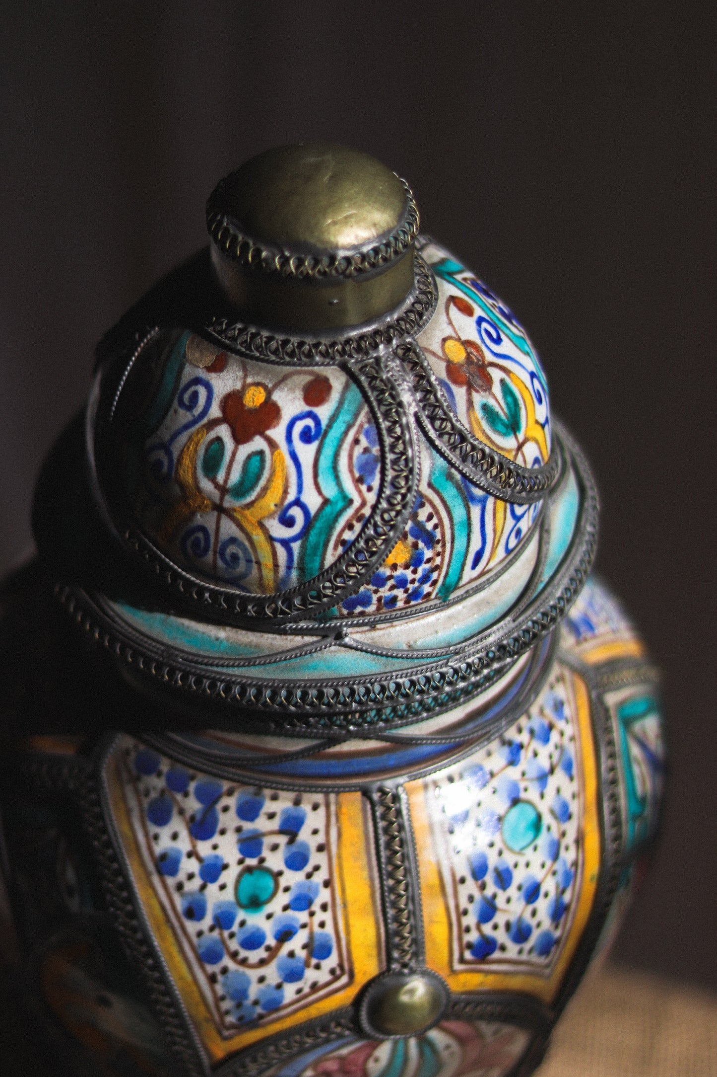 Vintage Moroccan Lidded Vase | Hand-Painted Ceramic & Metal Filigree