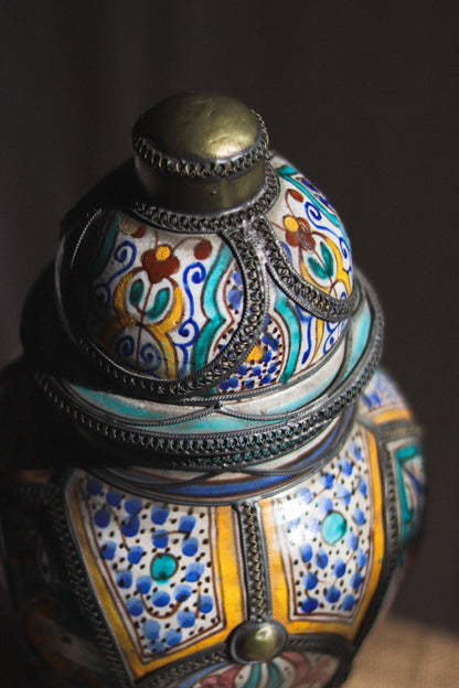 Vintage Moroccan Lidded Vase | Hand-Painted Ceramic & Metal Filigree