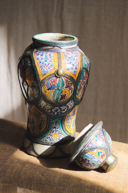 Vintage Moroccan Lidded Vase | Hand-Painted Ceramic & Metal Filigree