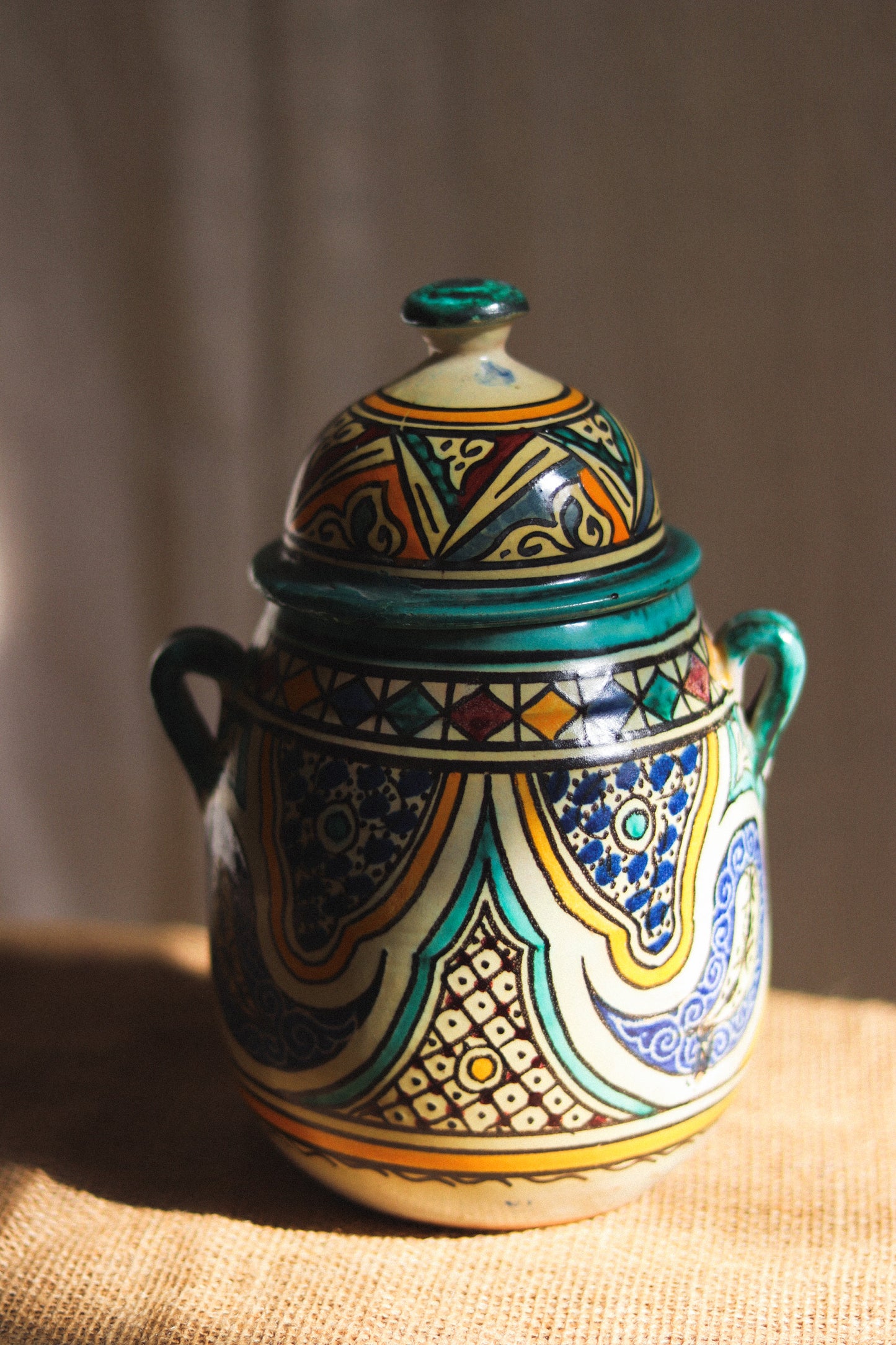 Vintage Moroccan Lidded Jar with Twin Handles