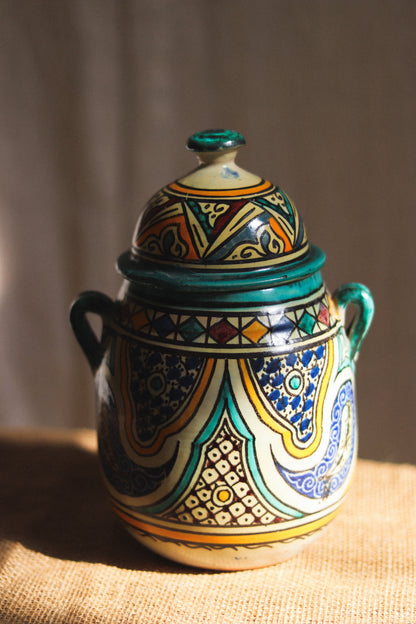 Vintage Moroccan Lidded Jar with Twin Handles