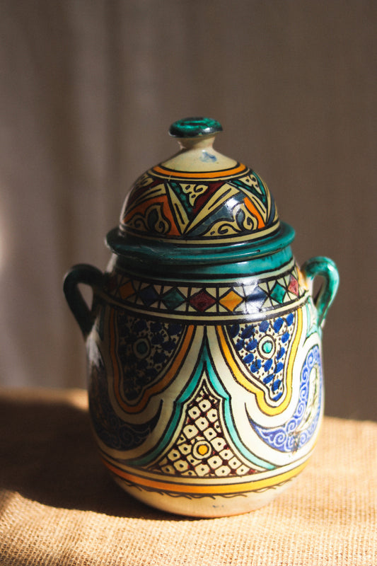 Vintage Moroccan Lidded Jar with Twin Handles