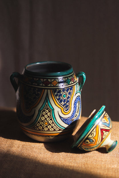 Vintage Moroccan Lidded Jar with Twin Handles