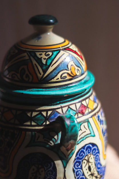Vintage Moroccan Lidded Jar with Twin Handles