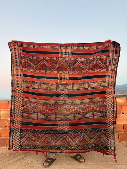 Vintage Hanbel Rug | Red with Charcoal & Ivory Geometric Motifs