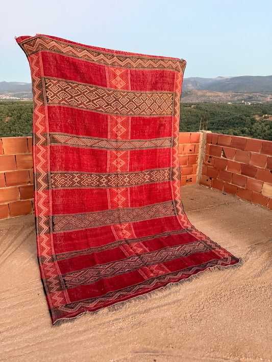 Vintage Hanbel Rug | Red With Ochre & Charcoal Diamond Motifs