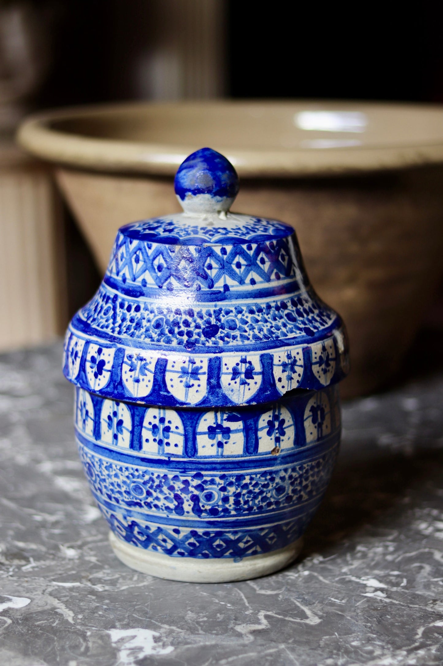 Antique Moroccan Blue & White Jubbana Storage Jar