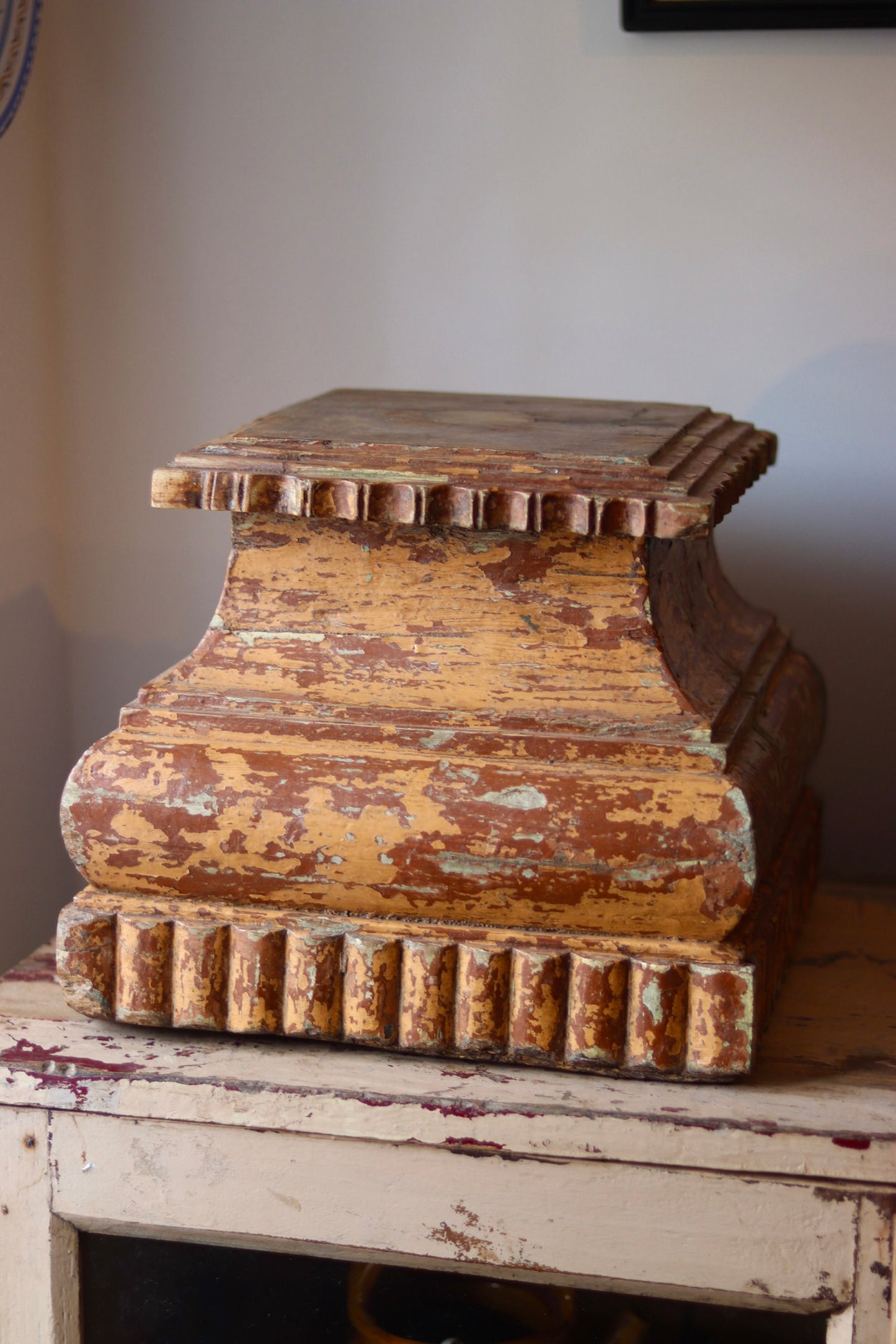 Antique Painted Wooden Pedestal Base / Architectural Plinth - Original Distressed Paint
