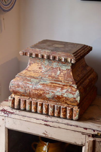 Antique Painted Wooden Pedestal Base / Architectural Plinth - Original Distressed Paint