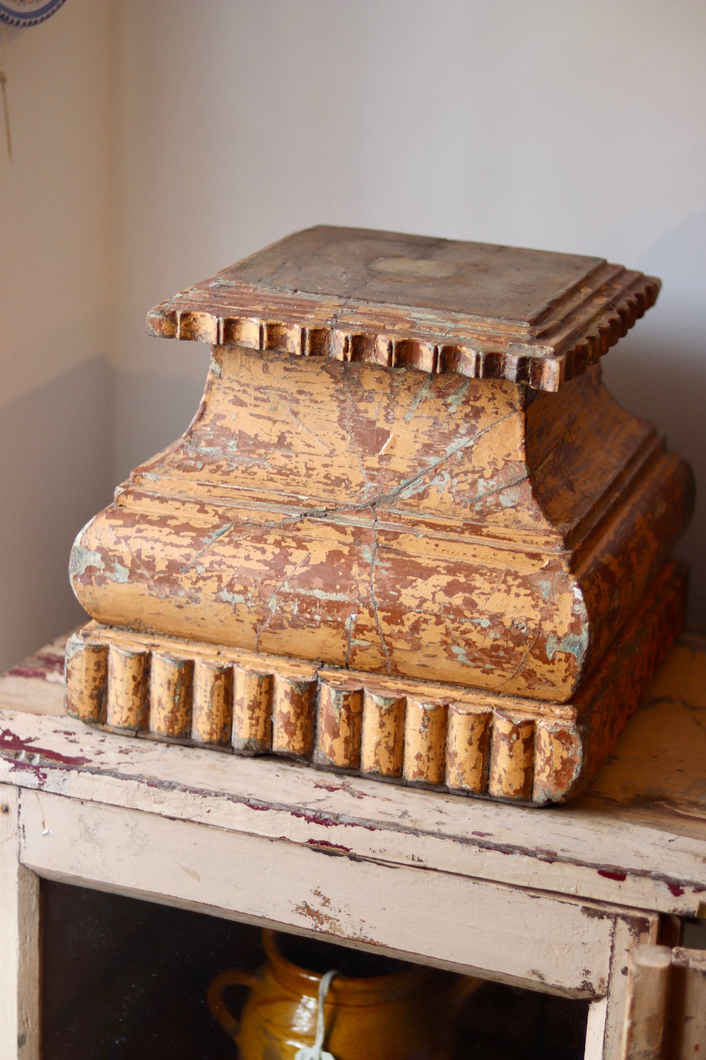 Antique Painted Wooden Pedestal Base / Architectural Plinth - Original Distressed Paint