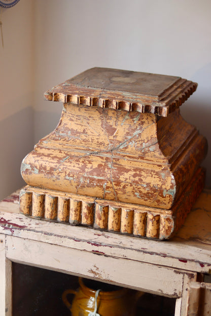 Antique Painted Wooden Pedestal Base / Architectural Plinth - Original Distressed Paint
