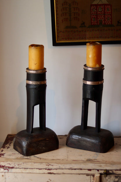 Vintage Moroccan Hardwood Candlesticks with Hand-Worked Copper Bands – Pair