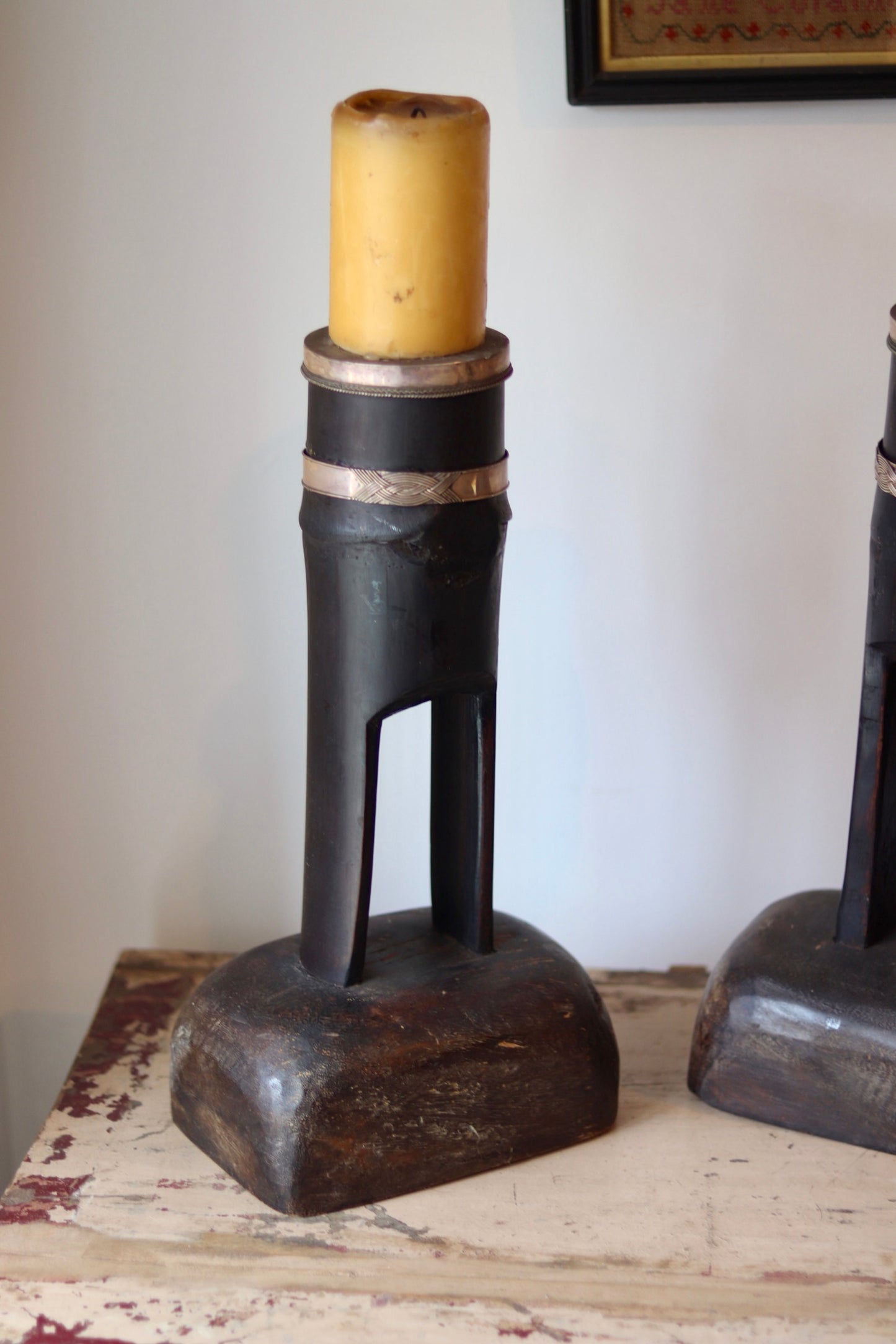 Vintage Moroccan Hardwood Candlesticks with Hand-Worked Copper Bands – Pair