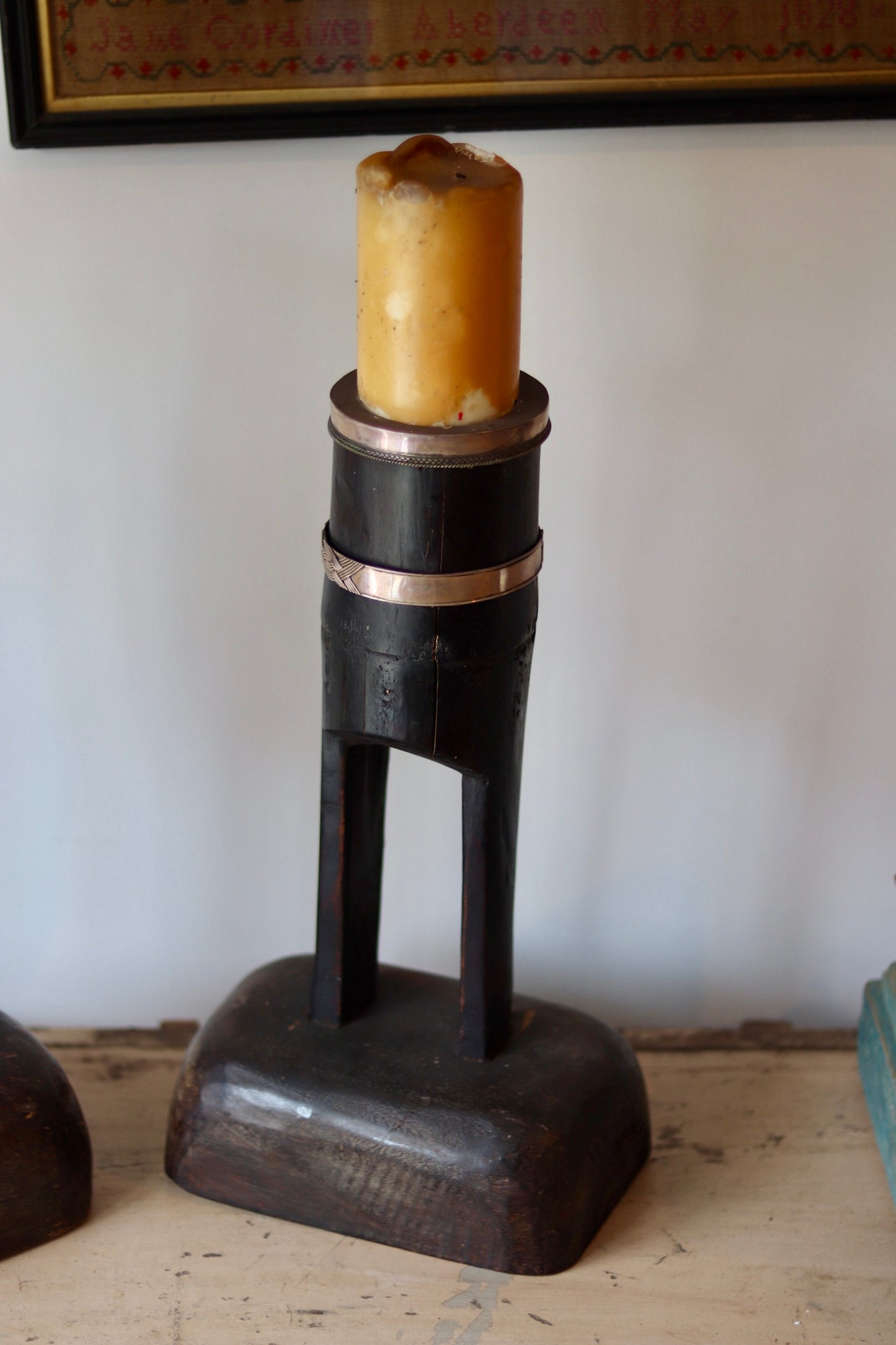 Vintage Moroccan Hardwood Candlesticks with Hand-Worked Copper Bands – Pair