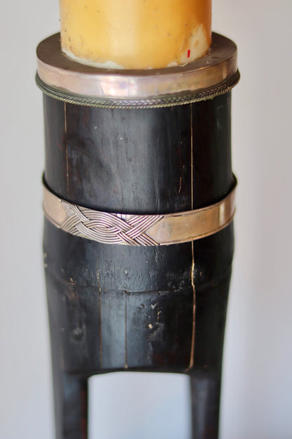 Vintage Moroccan Hardwood Candlesticks with Hand-Worked Copper Bands – Pair