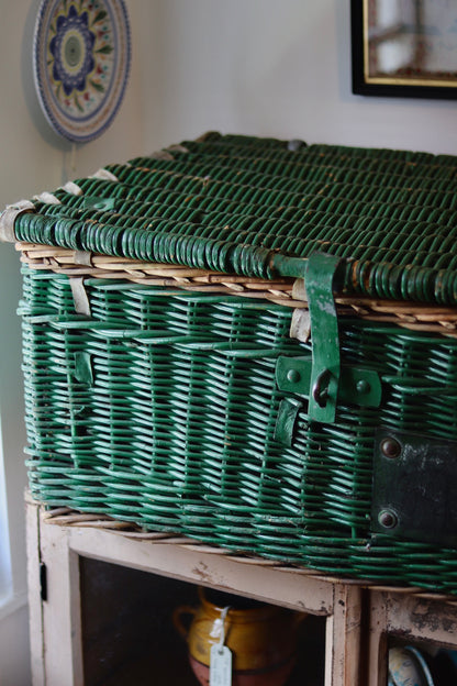 Antique Green Wicker Laundry Basket with Lid & Original Label - c.1920s
