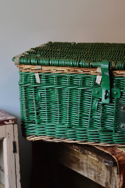 Antique Green Wicker Laundry Basket with Lid & Original Label - c.1920s