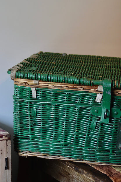 Antique Green Wicker Laundry Basket with Lid & Original Label - c.1920s
