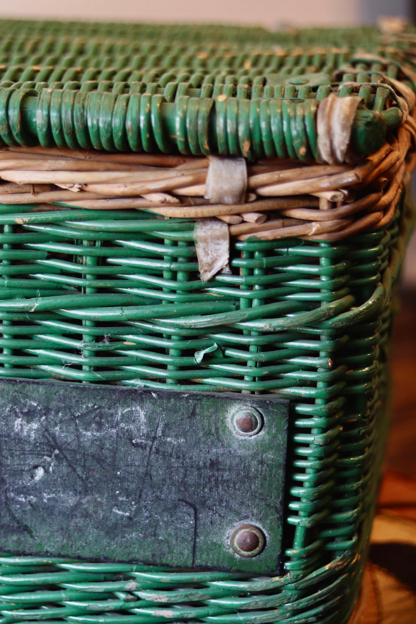 Antique Green Wicker Laundry Basket with Lid & Original Label - c.1920s