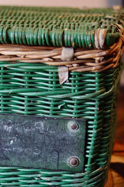 Antique Green Wicker Laundry Basket with Lid & Original Label - c.1920s