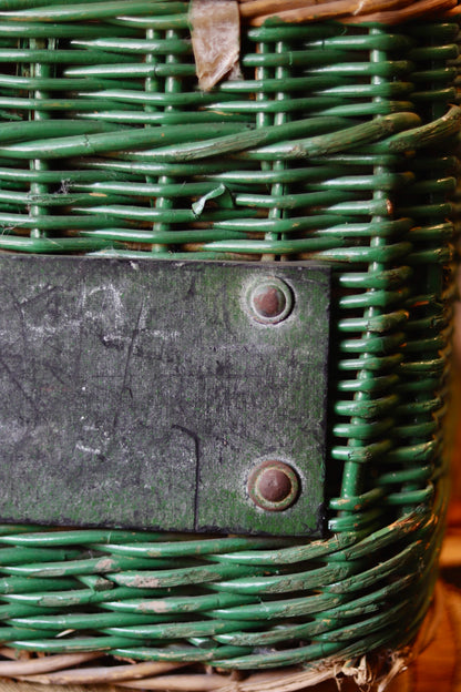 Antique Green Wicker Laundry Basket with Lid & Original Label - c.1920s