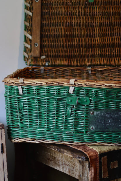 Antique Green Wicker Laundry Basket with Lid & Original Label - c.1920s