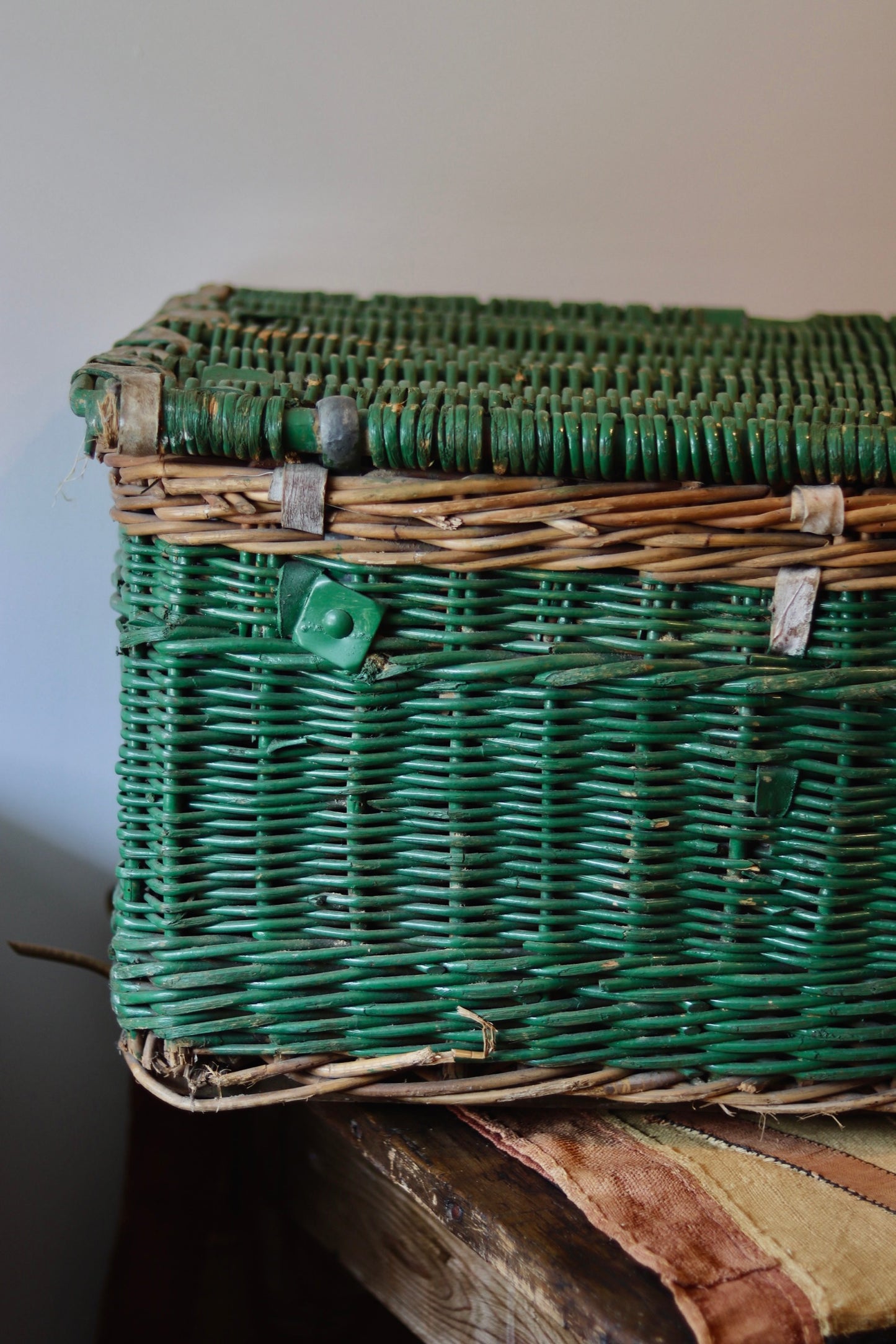 Antique Green Wicker Laundry Basket with Lid & Original Label - c.1920s