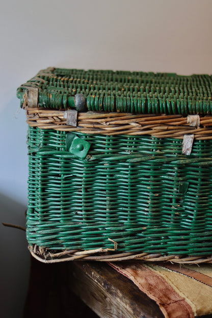 Antique Green Wicker Laundry Basket with Lid & Original Label - c.1920s