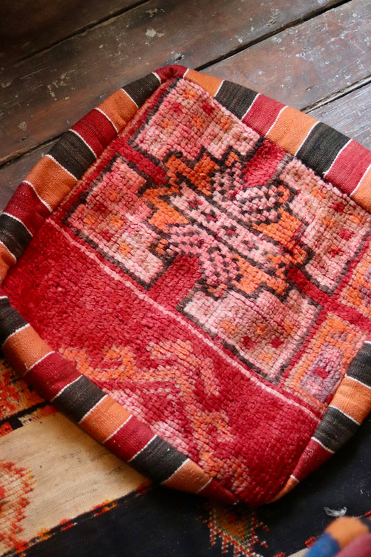 Vintage Moroccan Kilim & Wool Pile Pouffe | Pink, Coral & Rust Geometric