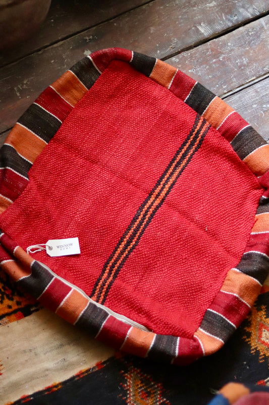 Vintage Moroccan Kilim & Wool Pile Pouffe | Pink, Coral & Rust Geometric