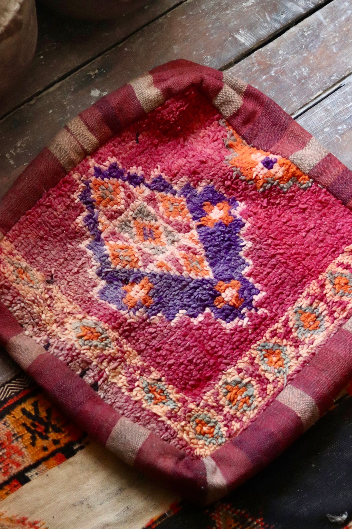 Vintage Moroccan Kilim & Wool Pile Pouffe | Pink, Purple & Orange Medallion
