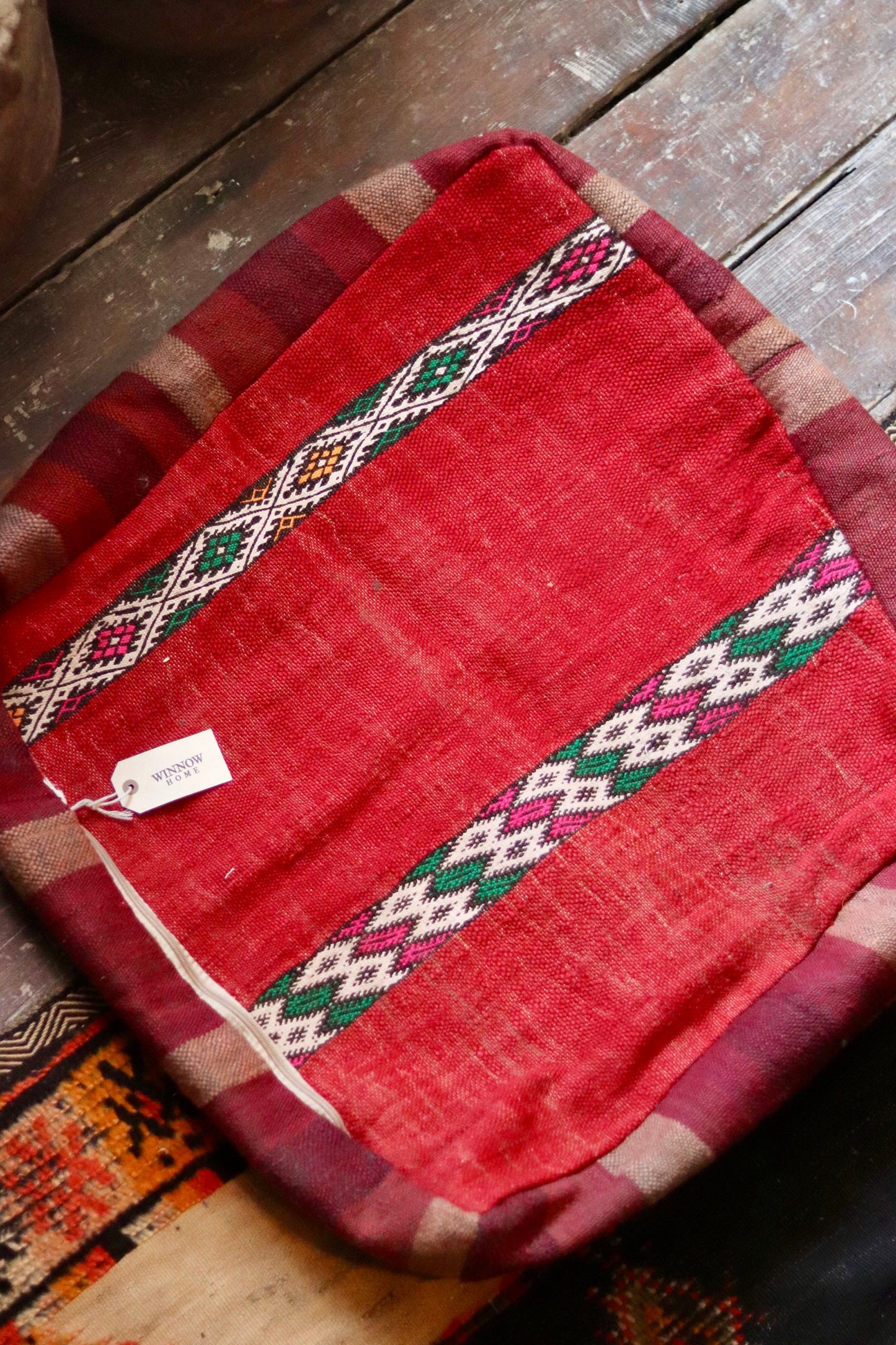 Vintage Moroccan Kilim & Wool Pile Pouffe | Pink, Purple & Orange Medallion