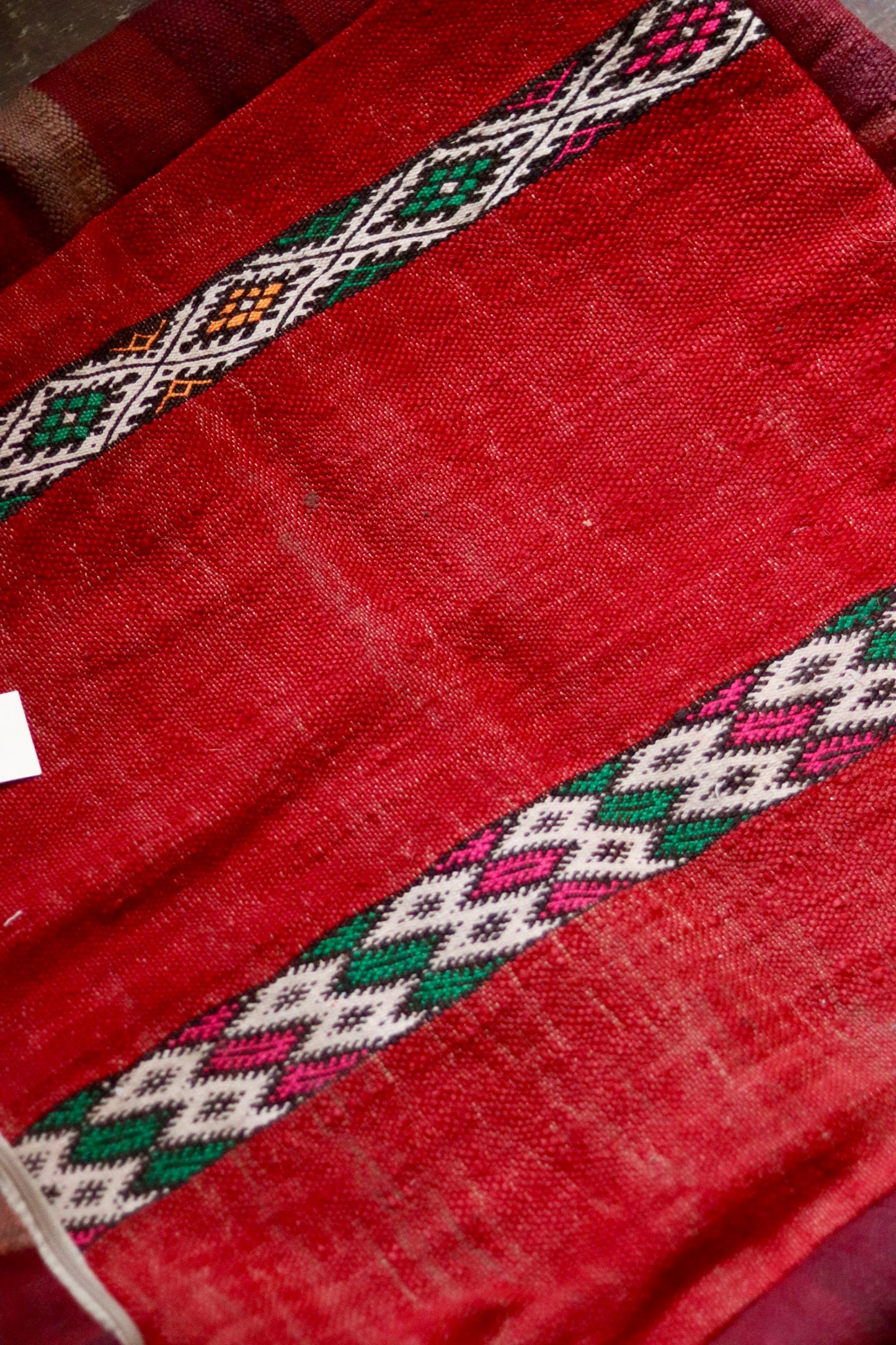 Vintage Moroccan Kilim & Wool Pile Pouffe | Pink, Purple & Orange Medallion