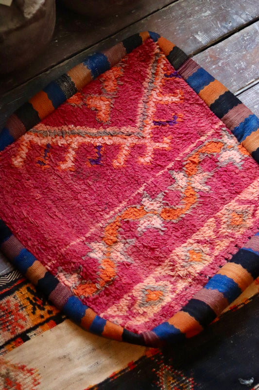 Vintage Moroccan Kilim & Wool Pile Pouffe | Pink, Coral & Orange Tribal