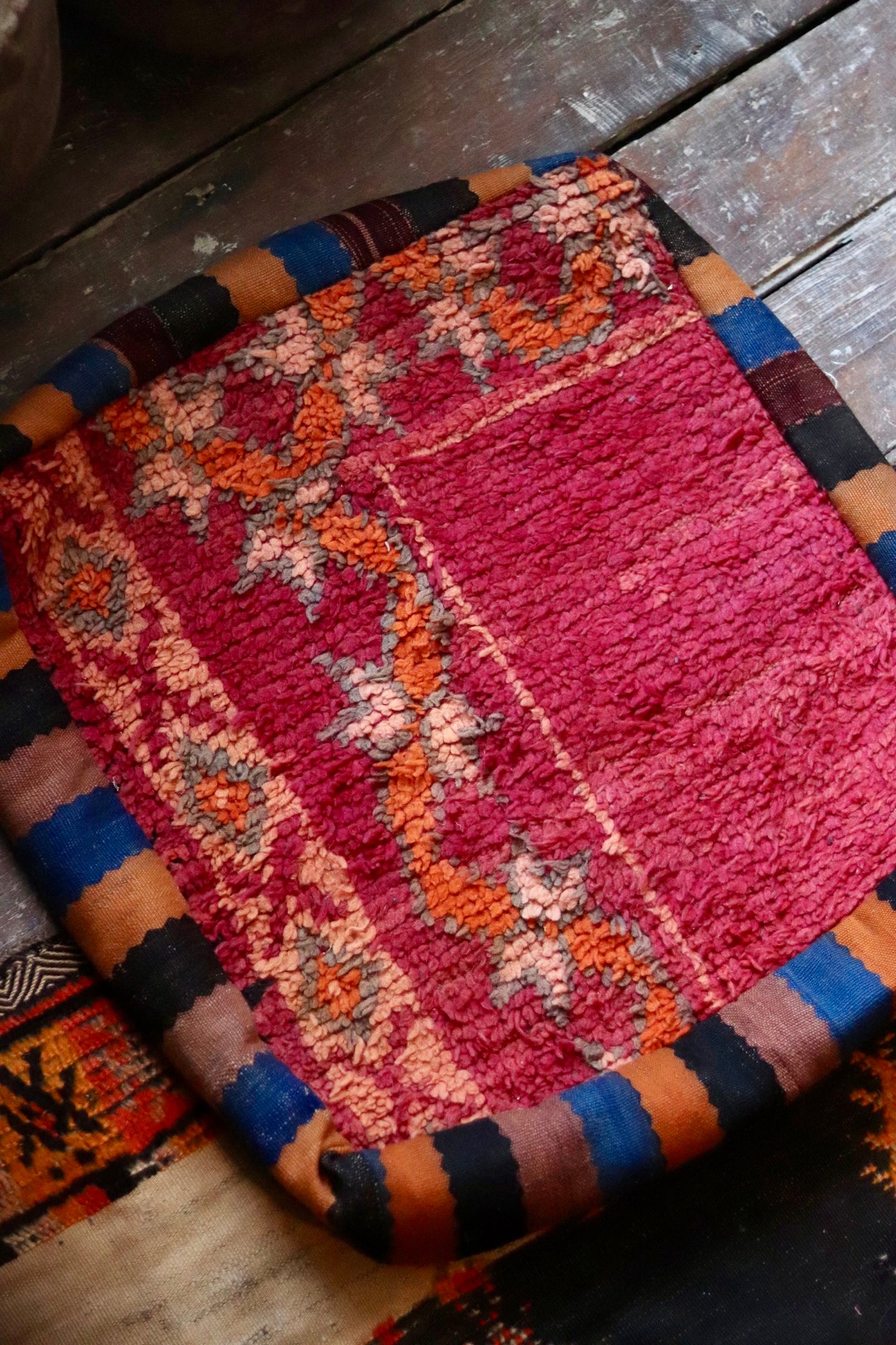 Vintage Moroccan Kilim & Wool Pile Pouffe | Pink, Orange & Peach Geometric
