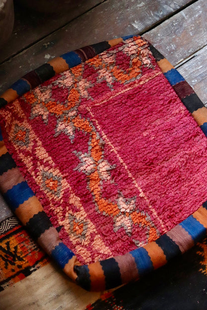 Vintage Moroccan Kilim & Wool Pile Pouffe | Pink, Orange & Peach Geometric