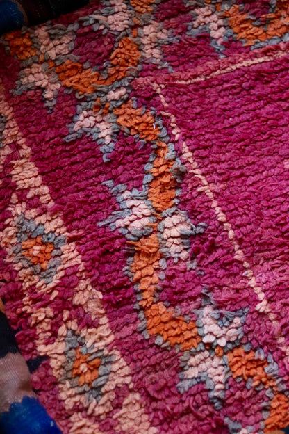 Vintage Moroccan Kilim & Wool Pile Pouffe | Pink, Orange & Peach Geometric