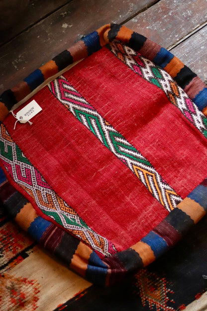 Vintage Moroccan Kilim & Wool Pile Pouffe | Pink, Orange & Peach Geometric