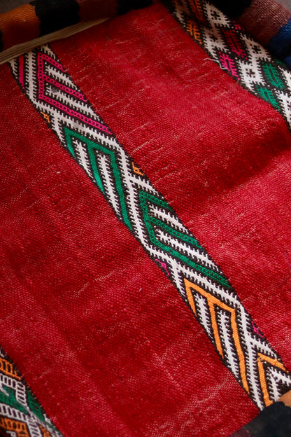 Vintage Moroccan Kilim & Wool Pile Pouffe | Pink, Orange & Peach Geometric